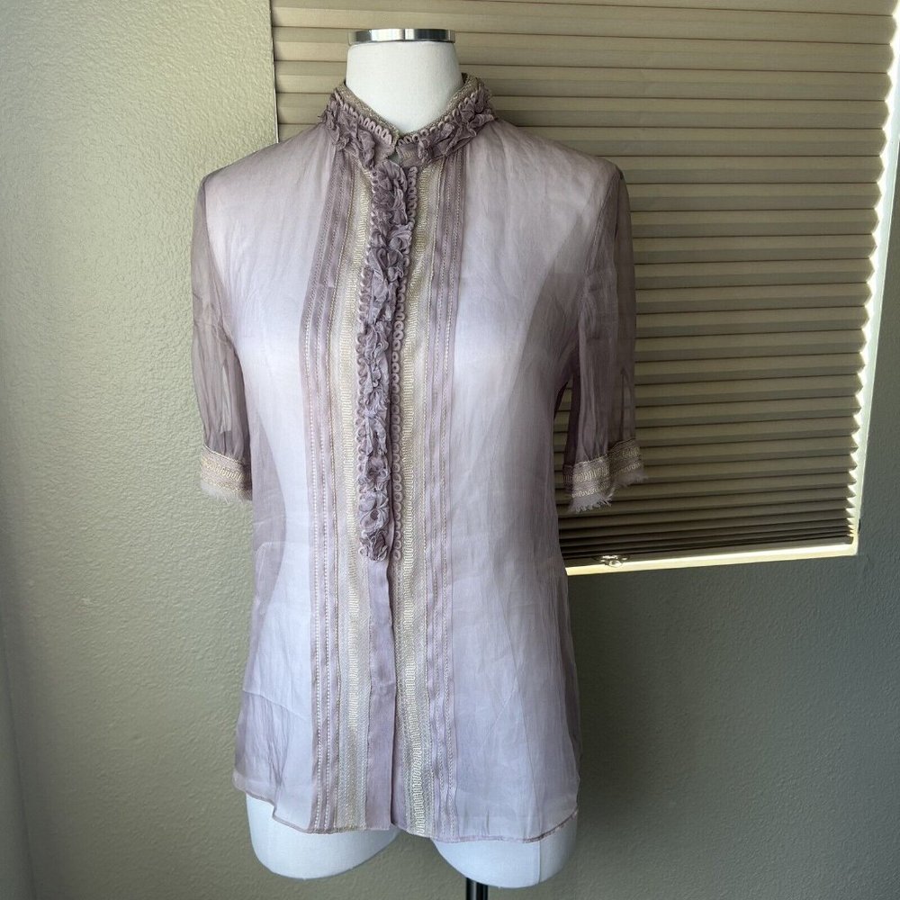 Elie Tahari 100% Slik light purple Small Ruffle Short Sleeve Blouse